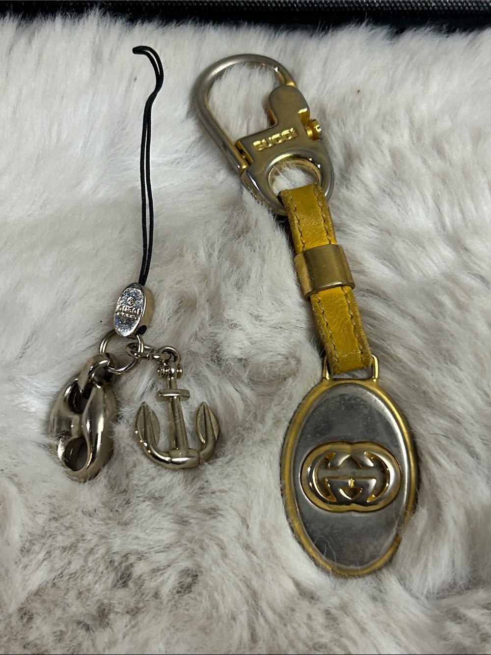 Gucci 2 pieces keychain gold/silver yellow leather keychain and phone charm